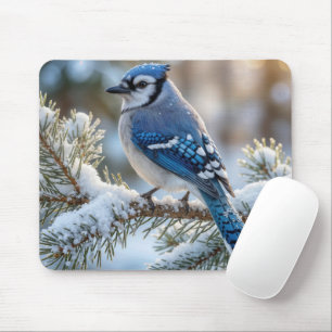 Blue Jay Perched On a Snowy Pine Mouse Pad