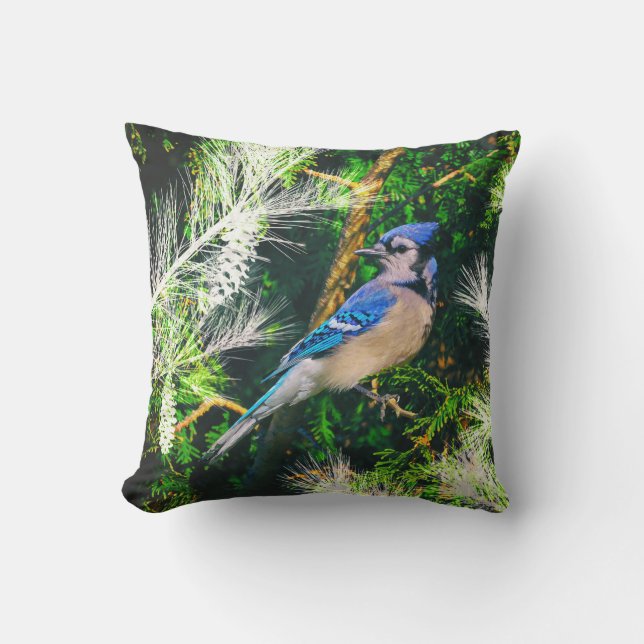 Blue Jay Pin Branches Stylised Bird Outdoor Pillow (Front)