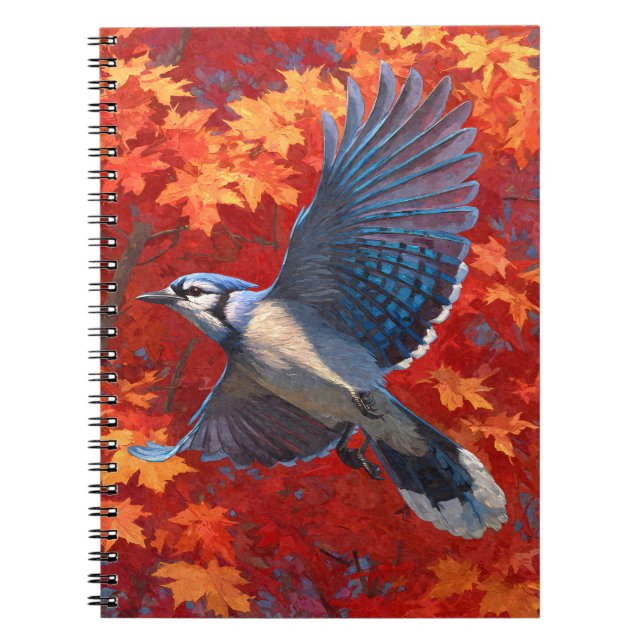 Blue Jay Soaring Autumn Maple Leaves Art Notebook (Front)