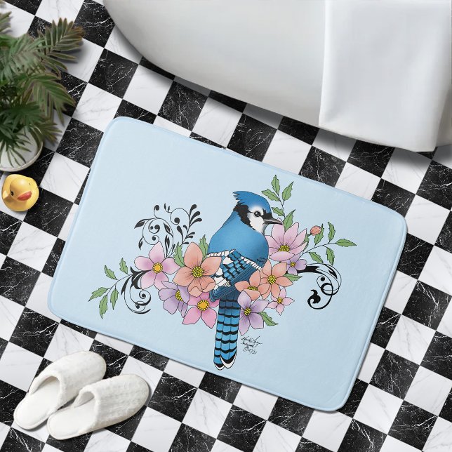 Blue Jay Spring Flowers Bath Mat (Creator Uploaded)