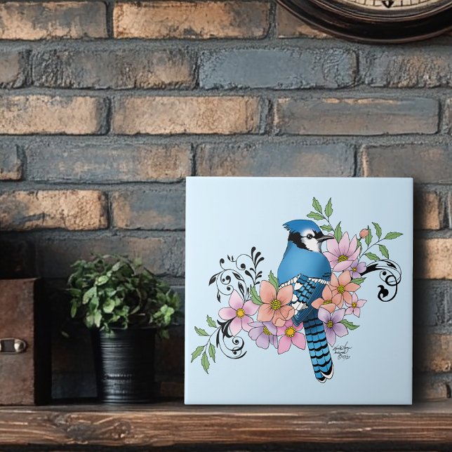 Blue Jay Spring Flowers Ceramic Tile (Creator Uploaded)