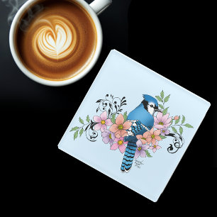 Blue Jay Spring Flowers Glass Coaster