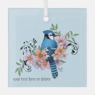 Blue Jay Spring Flowers Glass Tree Decoration