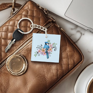 Blue Jay Spring Flowers Key Ring