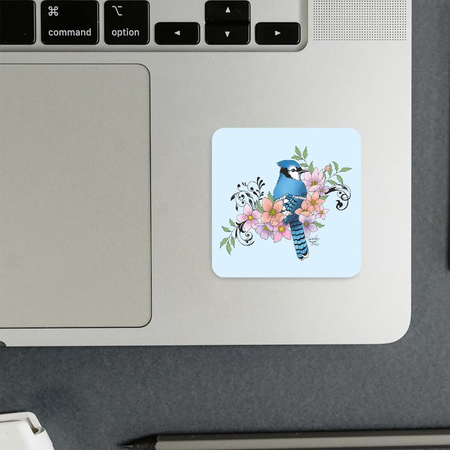 Blue Jay Spring Flowers  Square Sticker (Creator Uploaded)