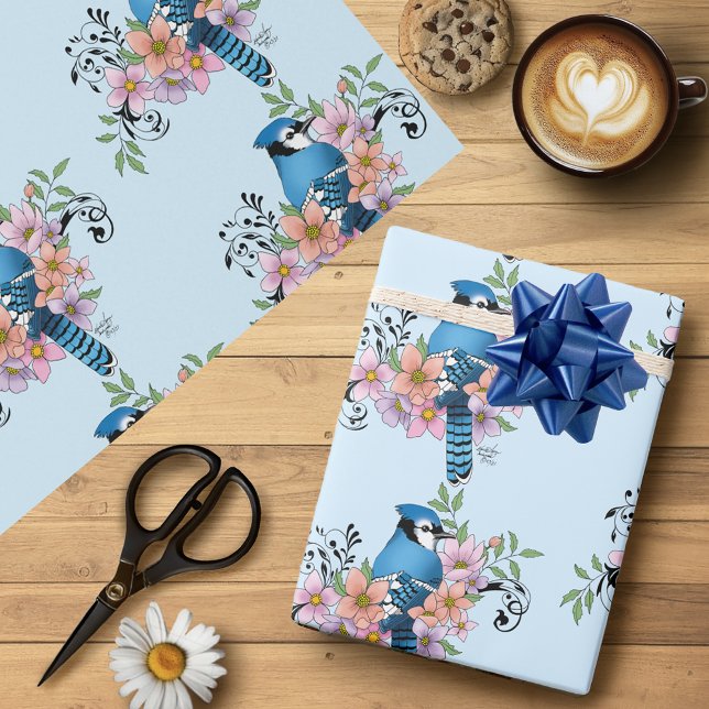Blue Jay Spring Flowers Wrapping Paper (Creator Uploaded)
