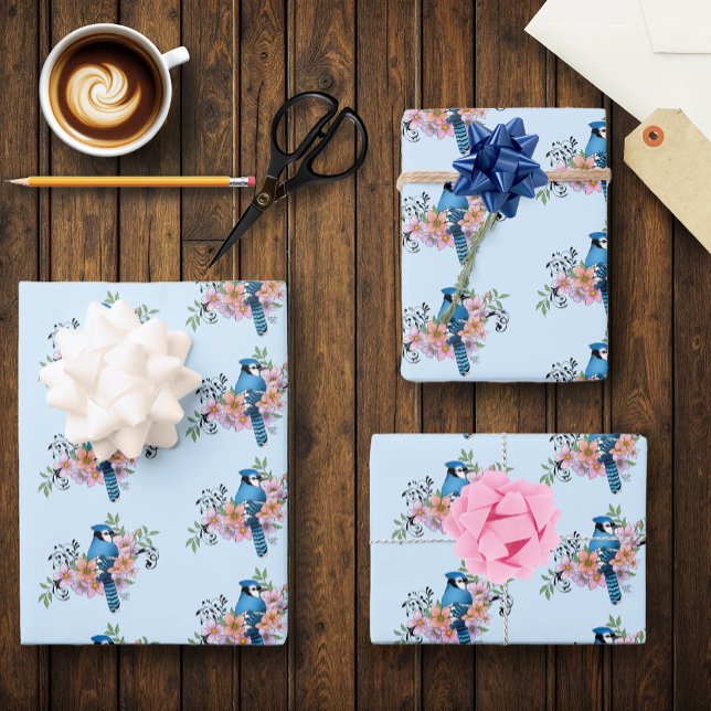 Blue Jay Spring Flowers Wrapping Paper Sheet (Creator Uploaded)