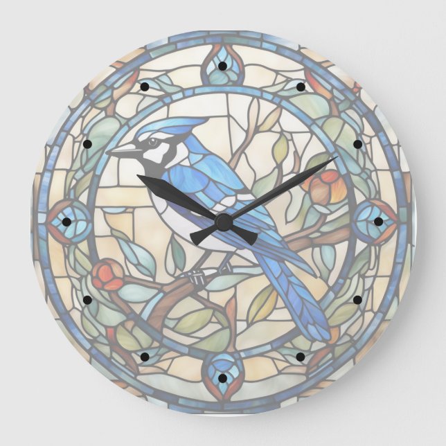 Blue Jay Stained Glass Bluejay Bird Clock (Front)