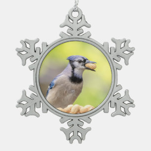 Blue jay with a peanut snowflake pewter christmas ornament