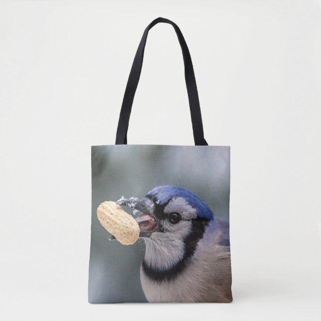 Blue jay with a peanut tote bag (Front)
