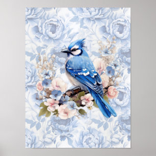 Blue Jay with Cornflower Blue & Blush Pink Floral Poster