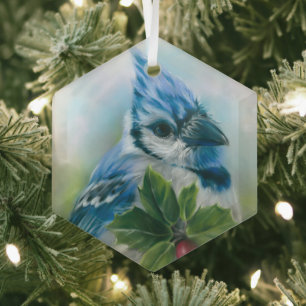 Blue Jay with Holly Pastel Art Glass Tree Decoration