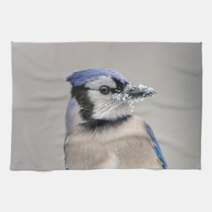 Blue jay with snow on his beak tea towel