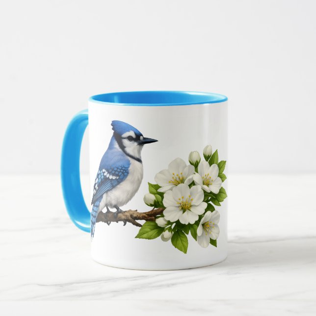 Blue Jay with White Blossoms Mug (Front Left)