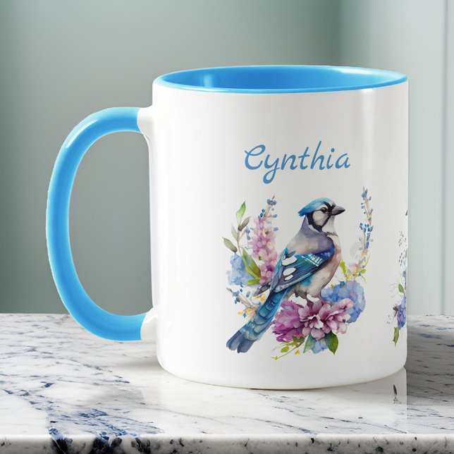 Blue Jays and Pretty Summer Flowers Monogram Name Mug (Creator Uploaded)