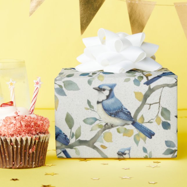 Blue Jays Bird Branches and Blossoms Wrapping Paper (Birthday Party)