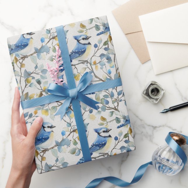Blue Jays Bird Branches and Blossoms Wrapping Paper (Gifting)