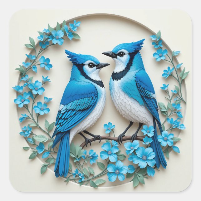 Blue Jays on Branch 🐦 Vibrant Nature Bird Art 🌿 Square Sticker (Front)