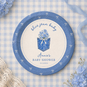 Blue Jean Baby Denim White Bow Baby Shower Paper Plate