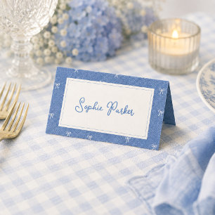 Blue Jean Baby Denim White Bow Baby Shower Place Card