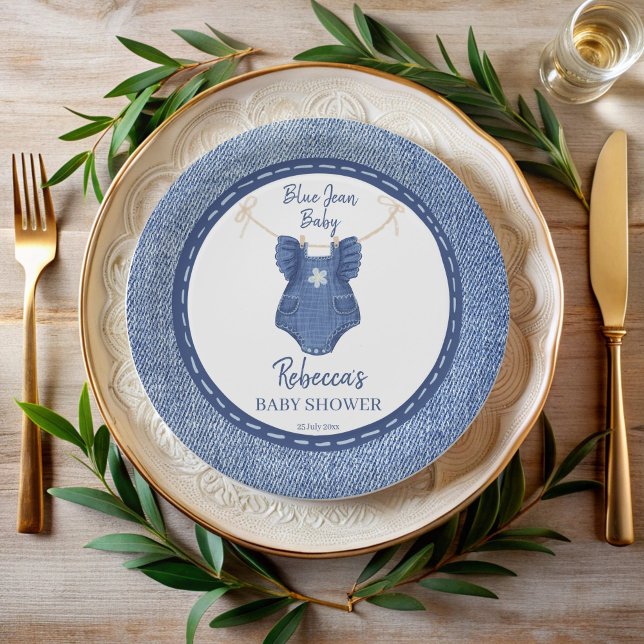 Blue jean baby girls baby shower personalised paper plate (Blue jean baby girls denim preppy baby shower monogrammed paper plates personalized table decor)