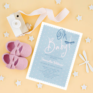 Blue Jean Baby Pink Dots Denim Girl Baby Shower Invitation