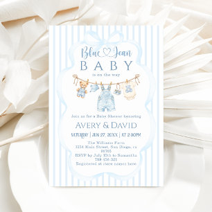 Blue Jean Baby Shower Boy Modern Stripe Invitation