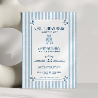 Blue Jean Baby Shower Coastal Stripe Bows Invitation