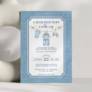 Blue Jean Baby Shower Watercolor Clothesline Invitation