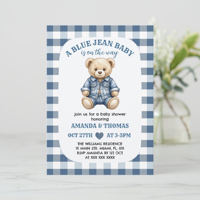 Blue Jean Bear Baby Shower Invitation (Standing Front)