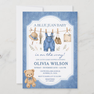 Blue Jean Clothesline Girl Bear Baby Shower  Invitation
