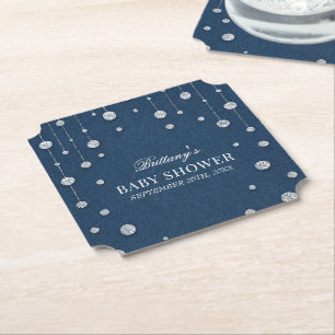 Blue Jean Denim and Diamond Baby Shower Paper Coaster