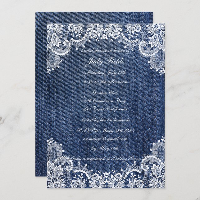 Blue Jean Denim And Lace Bridal Shower Invitation (Front/Back)
