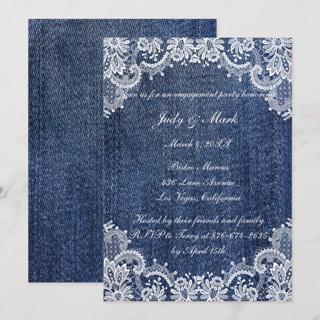 Blue Jean Denim And Lace Engagement Party Invitation (Front/Back)