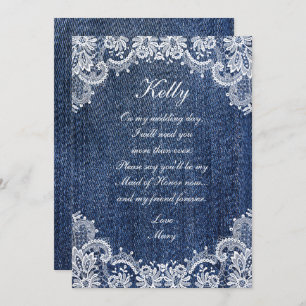 Blue Jean Denim And Lace Maid Of Honour Invitation