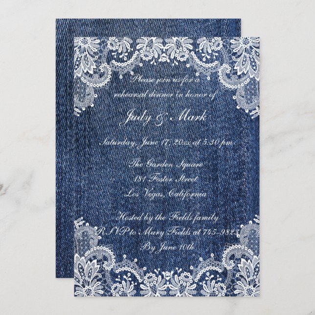 Blue Jean Denim And Lace Rehearsal Dinner Invitation (Front/Back)