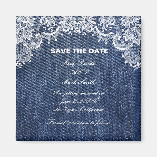 Blue Jean Denim And Lace Save The Date Magnet (Front)