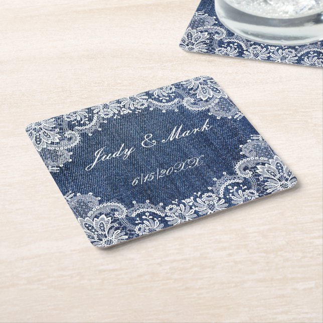 Blue Jean Denim And Lace Square Paper Coaster (Angled)
