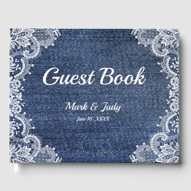Blue Jean Denim And Lace Wedding Guest Book (Front)