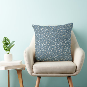  Blue Jean Denim and White Floral Vines Cushion