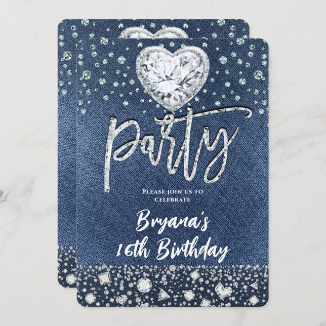 Blue Jean Denim & Bling Diamonds Birthday Party Invitation (Front/Back)