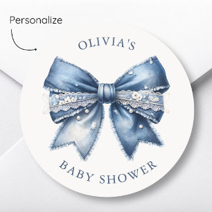 Blue Jean Denim Bow Baby Shower  Classic Round Sticker