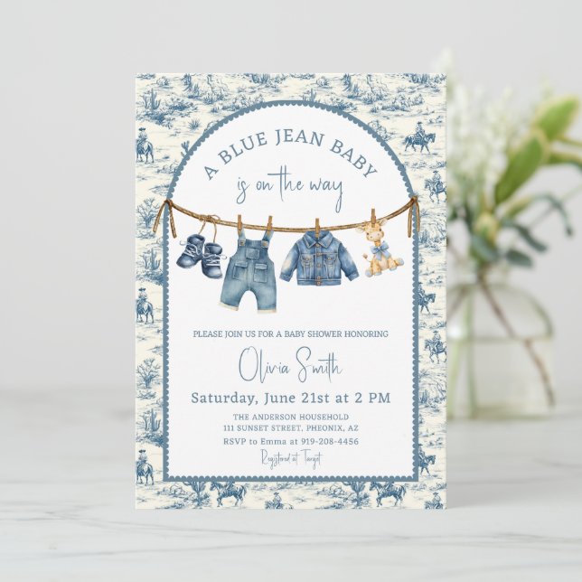 Blue Jean Denim Boy Baby Shower Invitation (Standing Front)