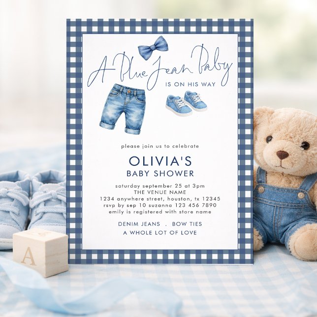 Blue Jean Denim Boy Gingham Baby Shower  Invitation (Creator Uploaded)