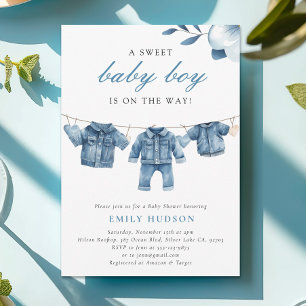 Blue Jean Denim Clothes Boy Baby Shower Invitation