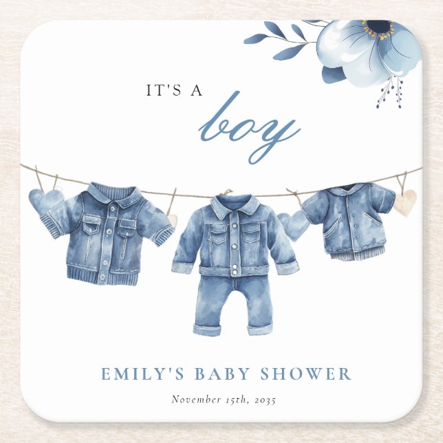 Blue Jean Denim Clothes Boy Baby Shower Square Paper Coaster (Front)