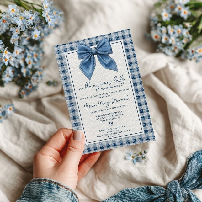 Blue Jean Denim Coquette Bow Gingham Baby Shower Invitation (Blue Jean Denim Coquette Bow Gingham Baby Shower Invitation)