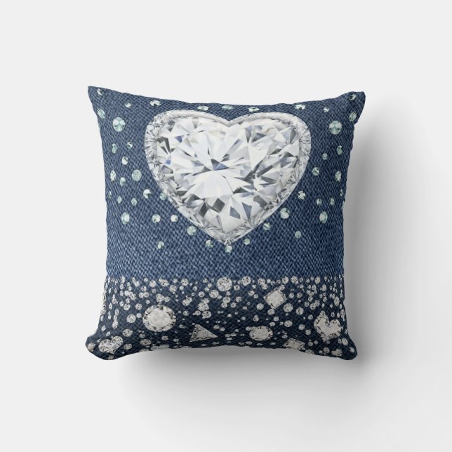 Blue Jean Denim & Diamonds Bling Diamond Heart Cushion (Front)