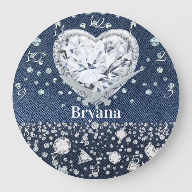 Blue Jean Denim & Diamonds Bling Diamond Heart Large Clock (Front)