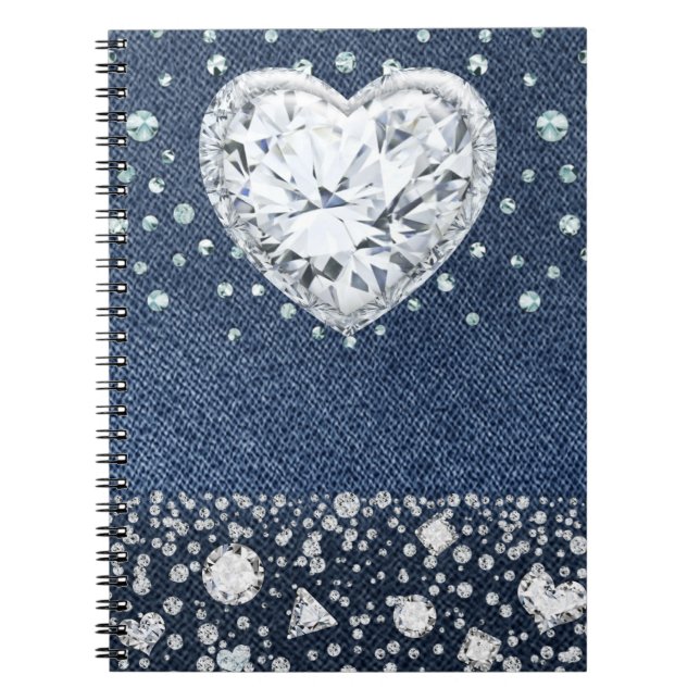 Blue Jean Denim & Diamonds Bling Diamond Heart Notebook (Front)